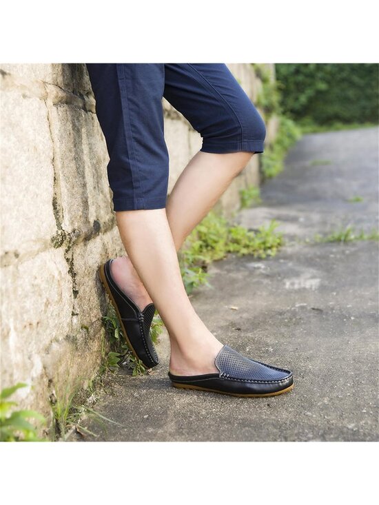 Fashion Men\'s Black Hollow Leather Loafer Round Toe Flat Slip On Casual Slippers main image 6